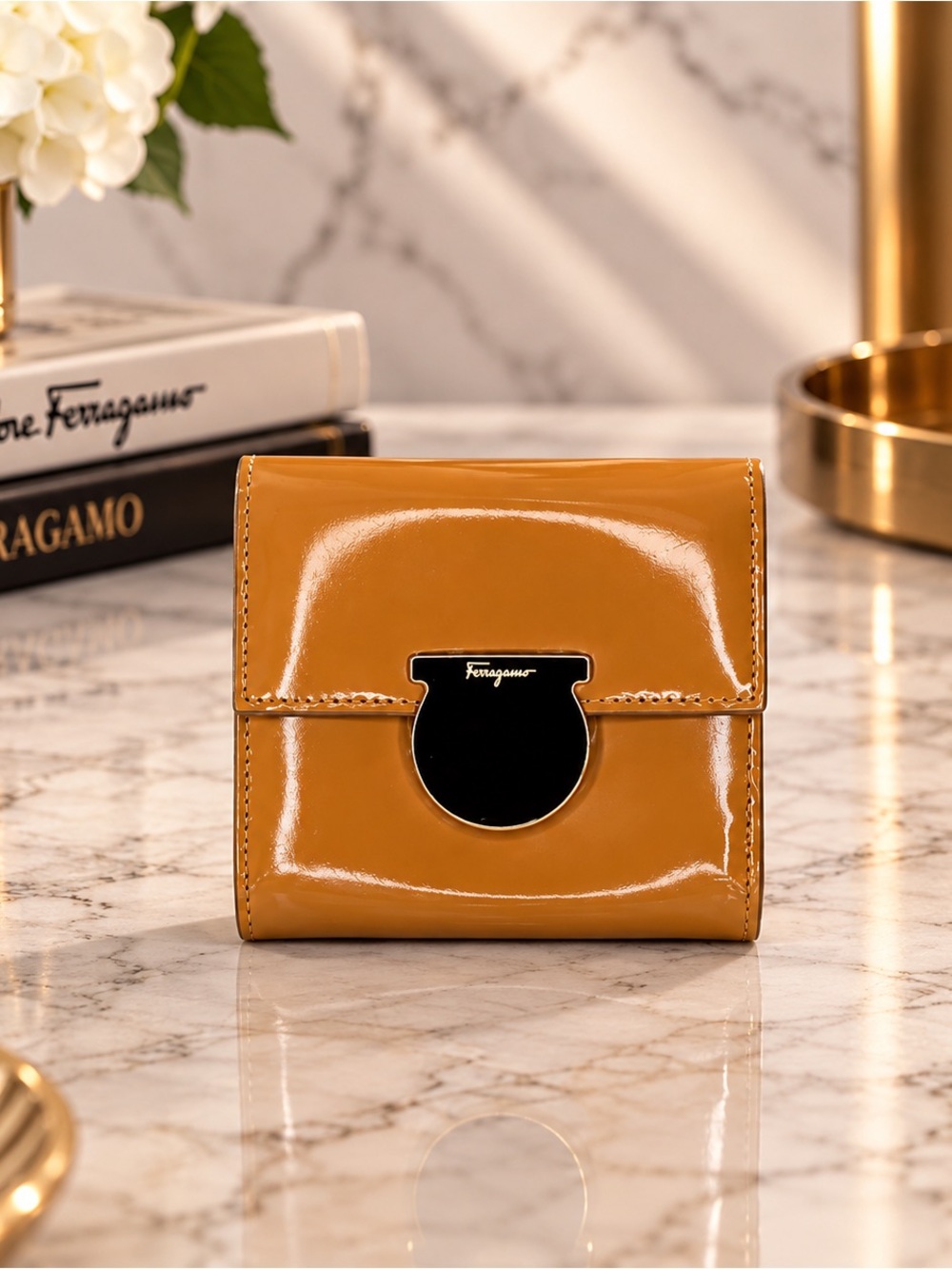 Salvatore Ferragamo Tan Patent Leather Gancini Trifold Wallet